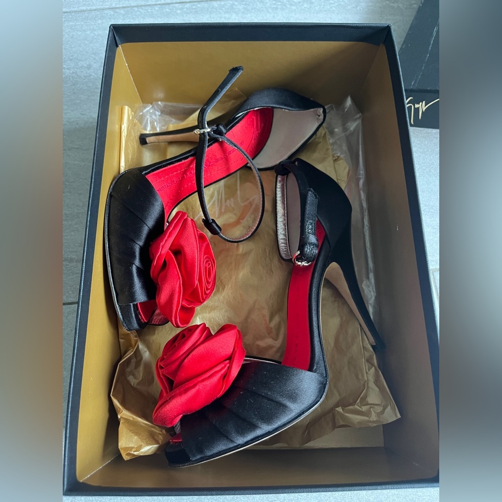 Giuseppe Zanotti Black Satin Peep-Toe Heels with Red Rose Accent